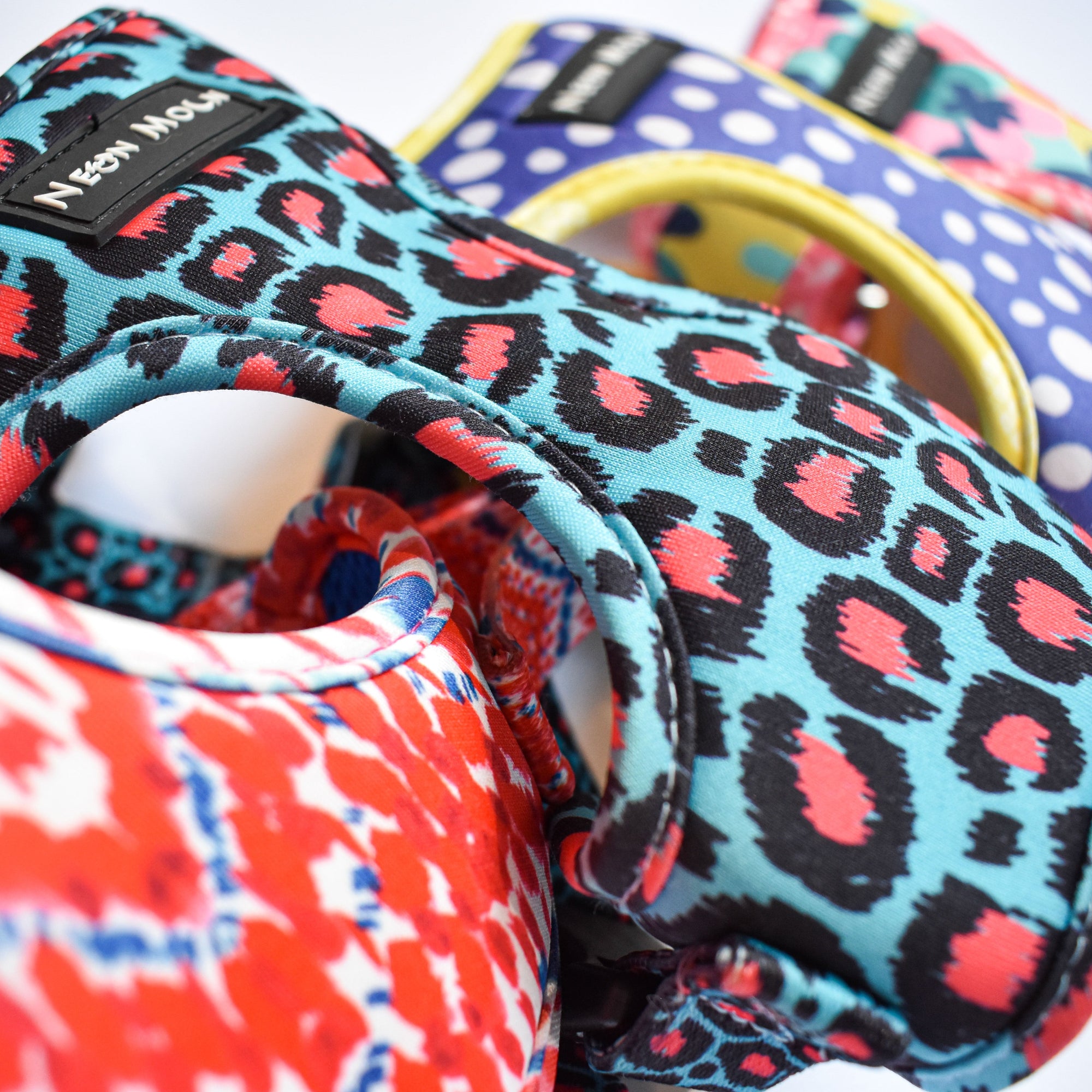 detail close up of dog harnesses showing detail and patterns