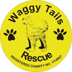 Waggy Tails Rescue logo with a dog illustration and paw prints on a yellow background