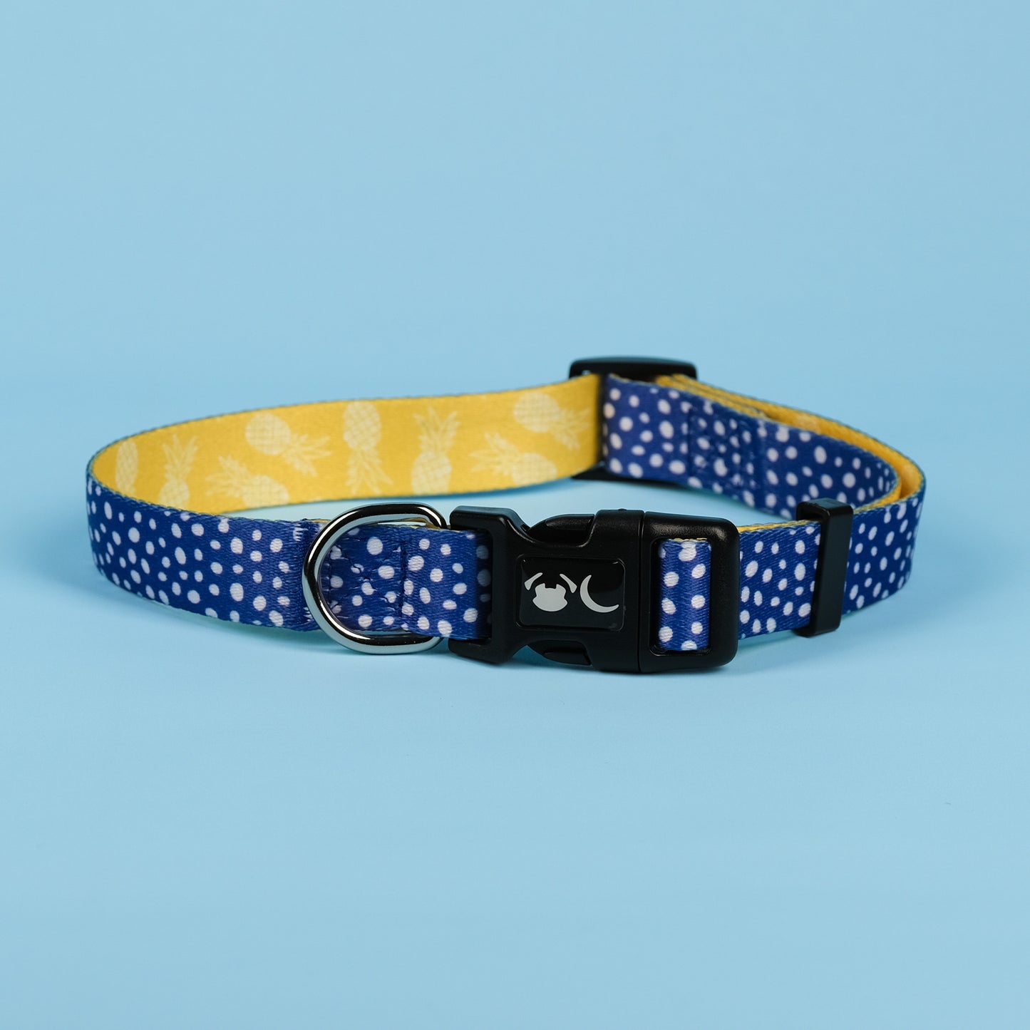 Blue polka dot dog collar with clip and safety D ring for large dogs