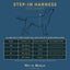 Step-in harness size chart for dogs with a blue background and dog illustration.