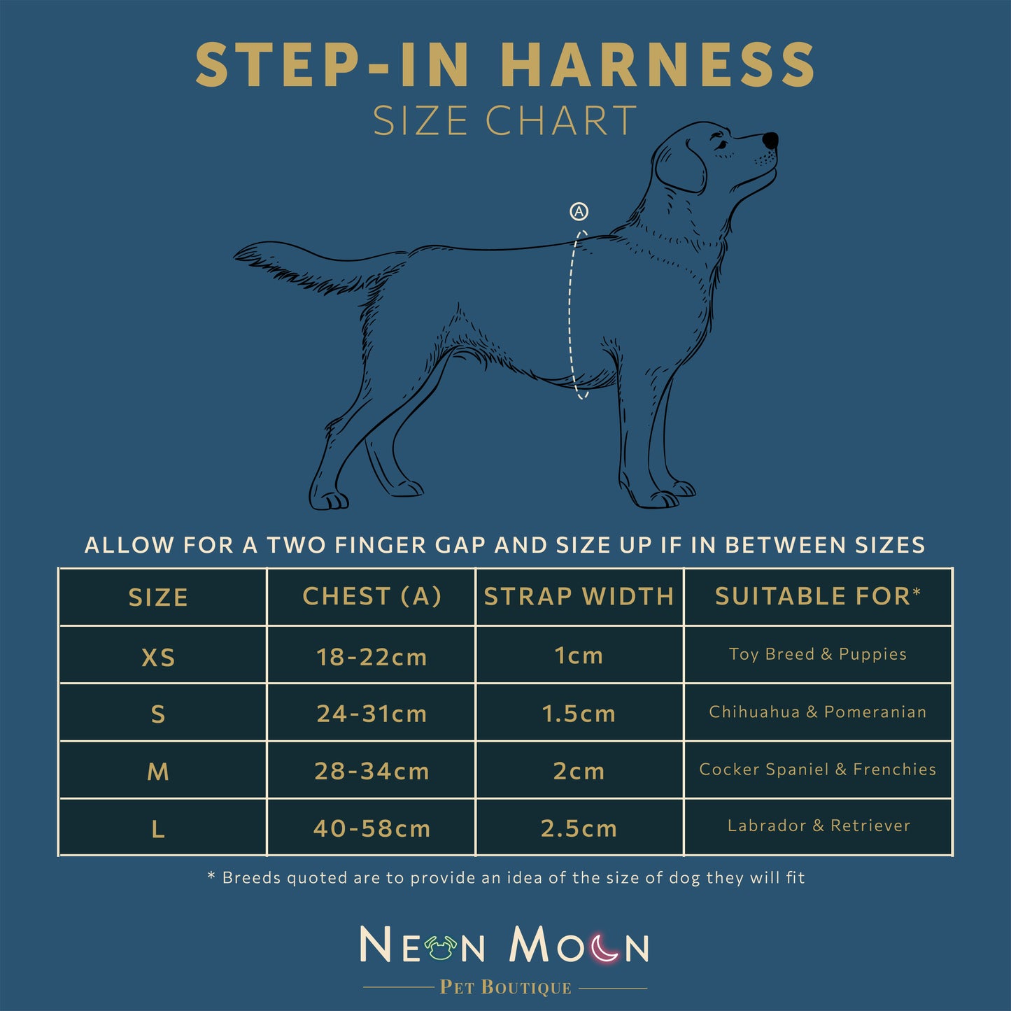 Neon Moon Step-in Harness Size Chart